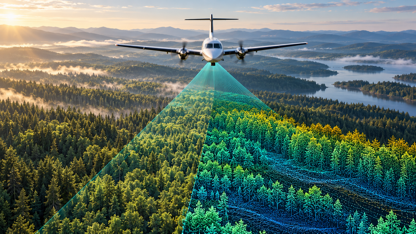 Conceptual aircraft and forest mapping swath; not CASALS hardware or measured NASA data