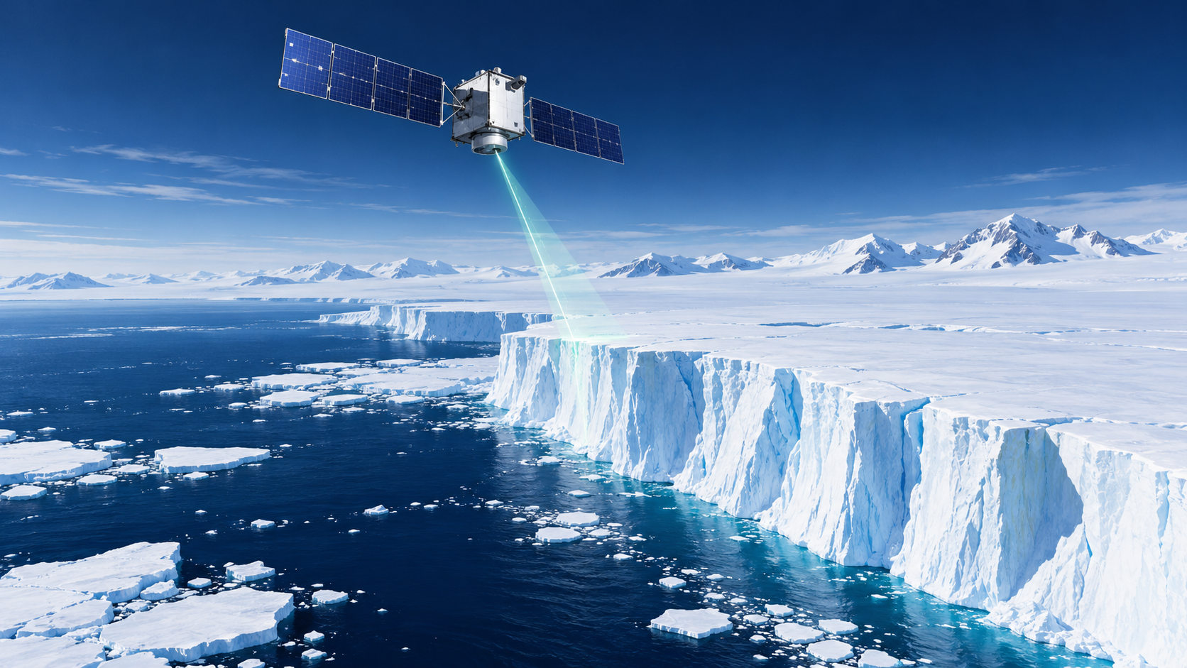 Conceptual illustration of a satellite measuring an Antarctic ice cliff; not to scale or a depiction of the actual ICESat-2 spacecraft