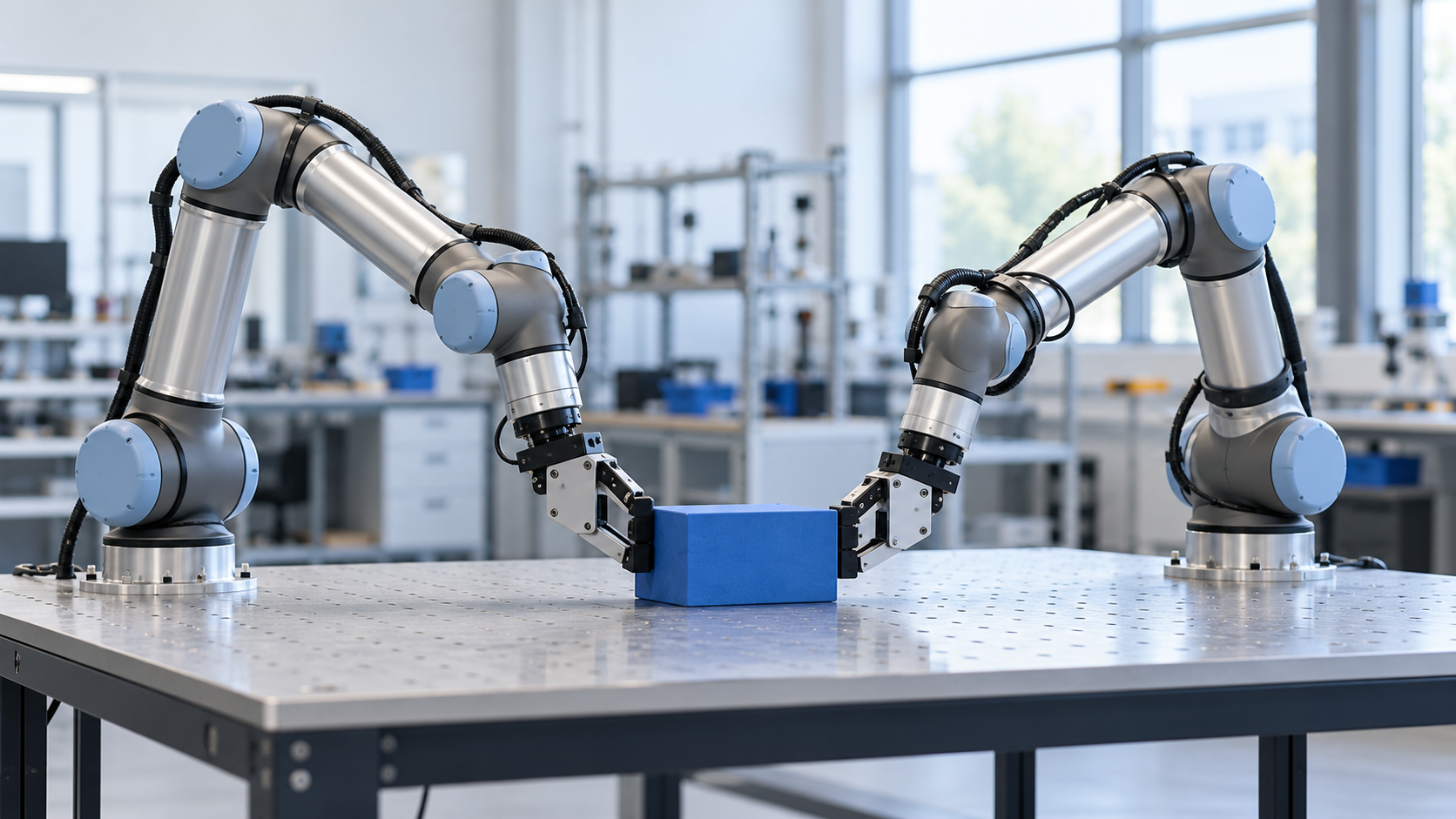 Conceptual illustration of two robot arms handling an object; not a Sereact or Universal Robots installation
