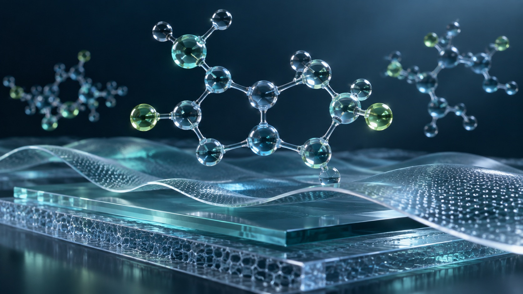Conceptual illustration of molecular structures and laboratory materials