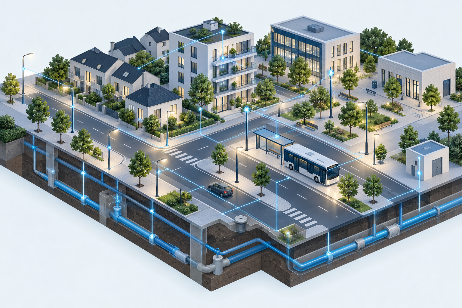 Conceptual illustration of connected buildings and infrastructure; not an actual utility installation