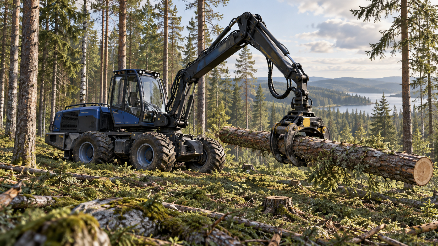 Imagined forestry machine handling timber; not Kodama equipment or a real deployment