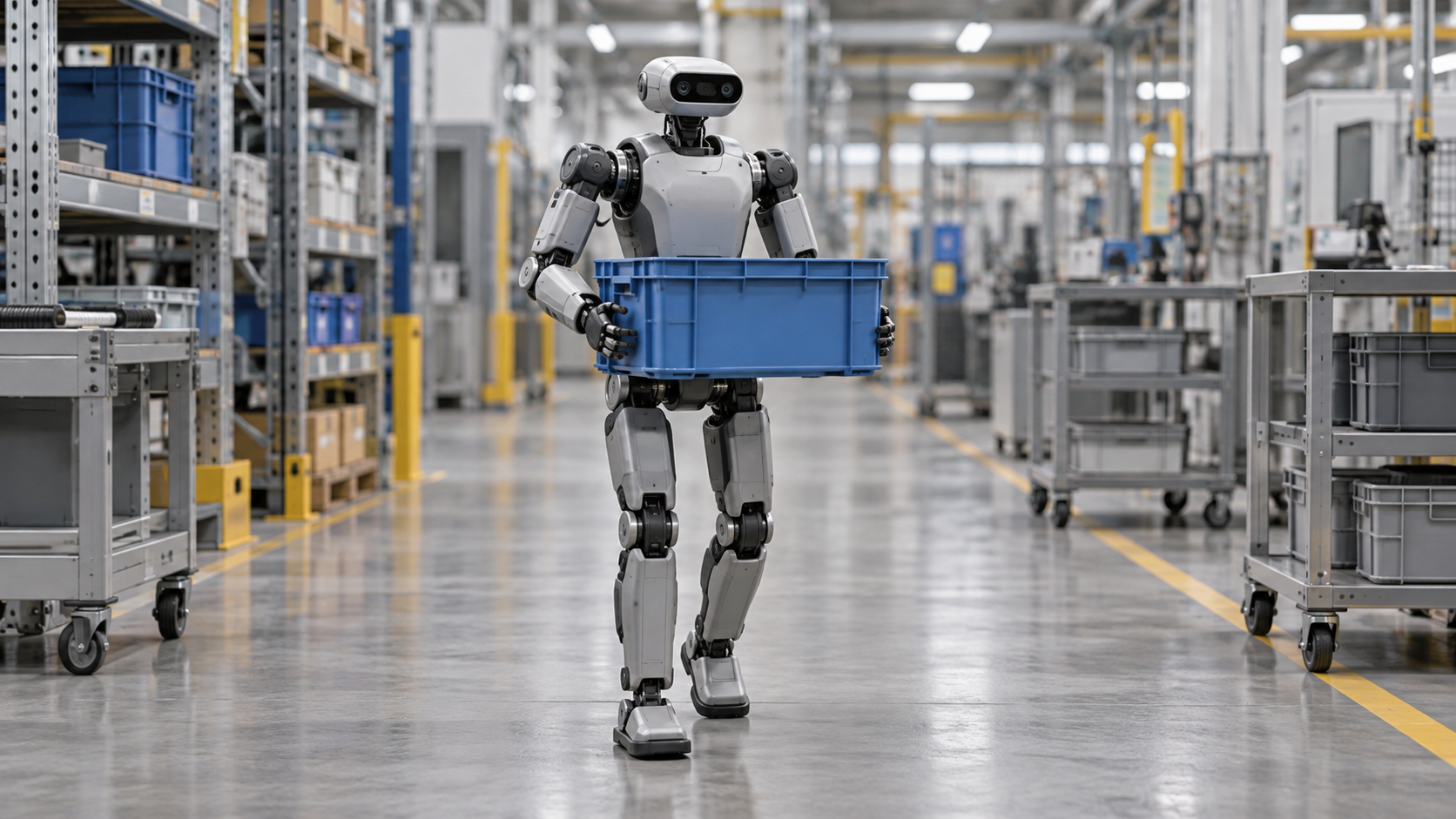 Conceptual humanoid carrying a tote in an industrial aisle; not GENE.01 or a Generative Bionics facility