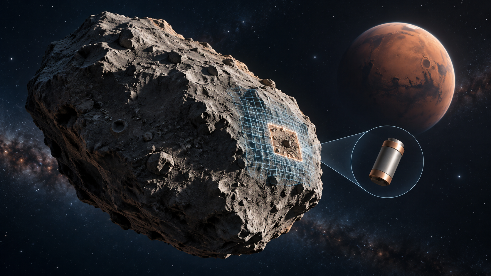 Conceptual small moon and sample region near Mars; not mission photography or a spacecraft diagram