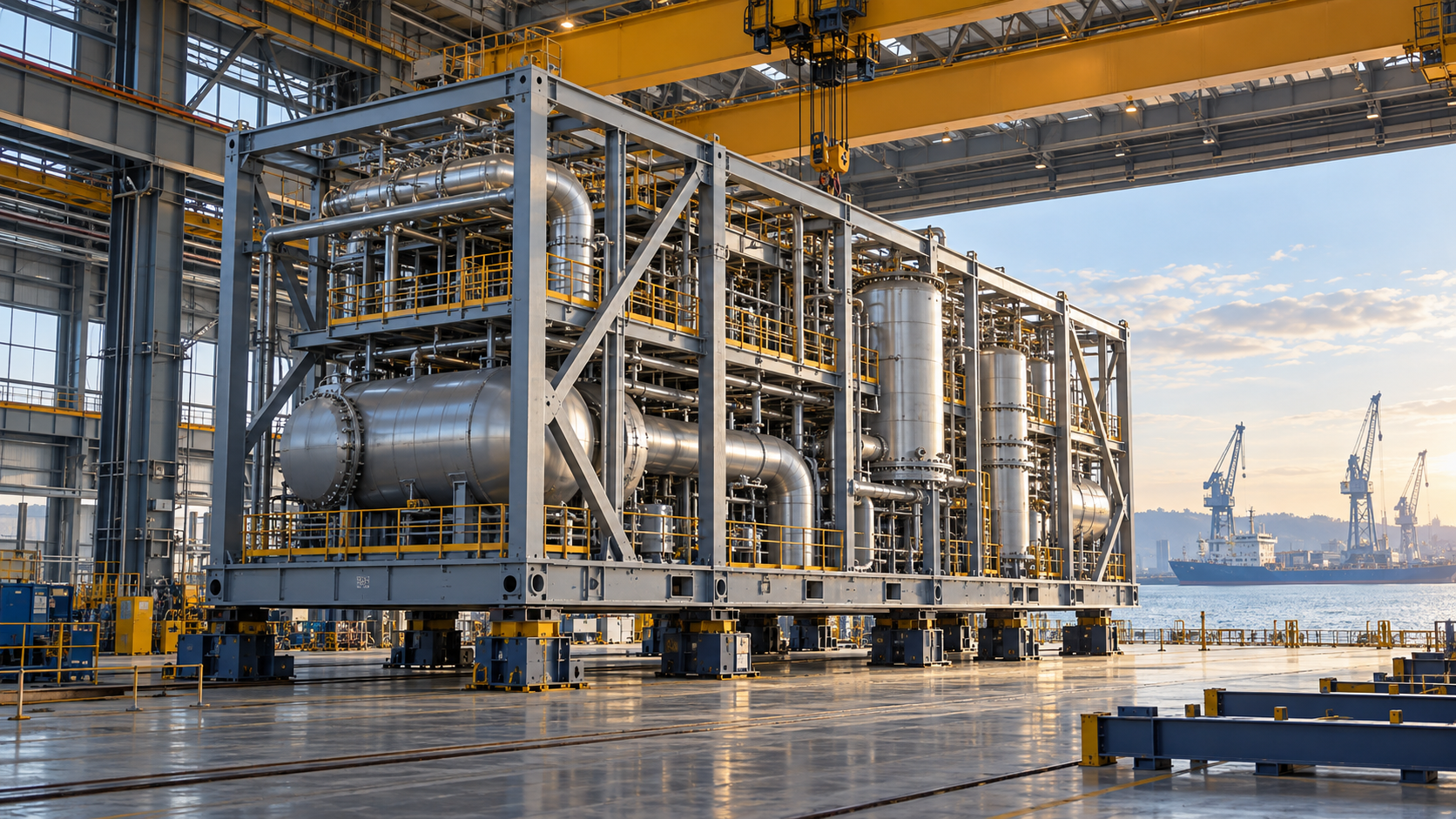 Conceptual industrial module in a waterfront fabrication hall; not Blue Energy equipment or a specific plant