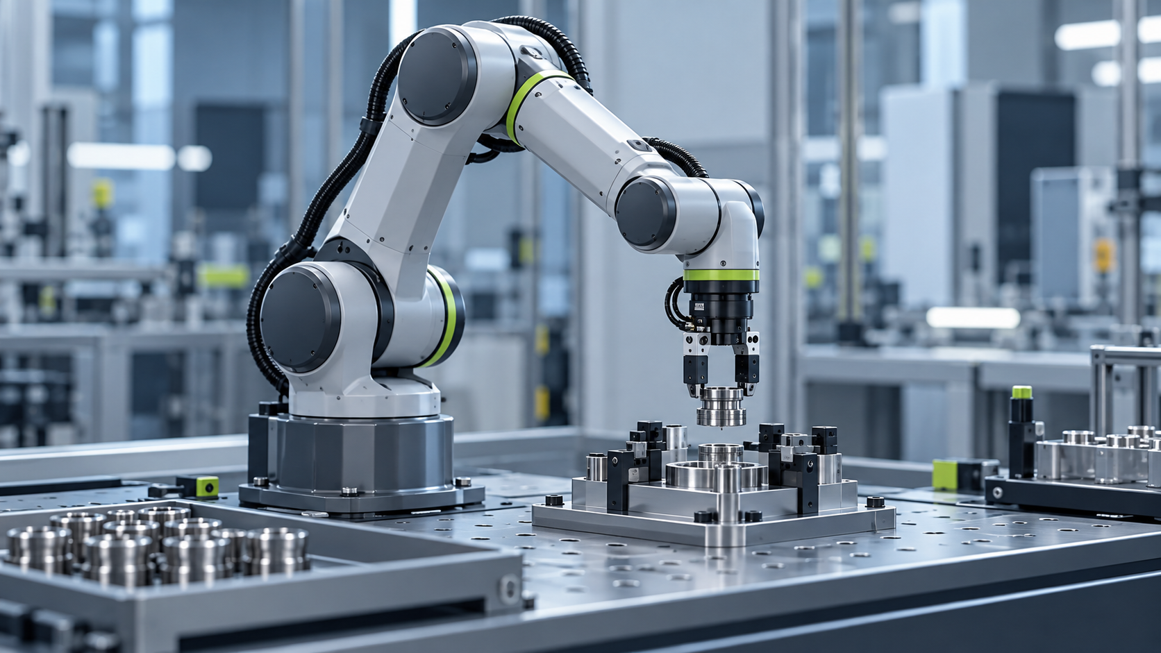 AI illustration of an unbranded robot arm handling a metal part; not an ABB product photograph