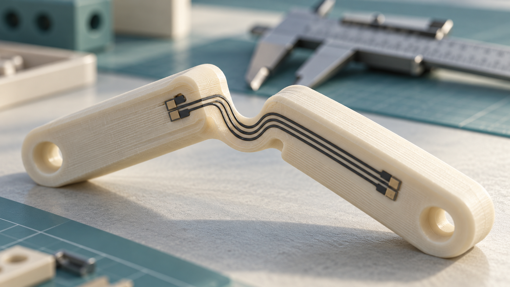 Conceptual printed flexure with conductive traces; not an actual X-Hinges device