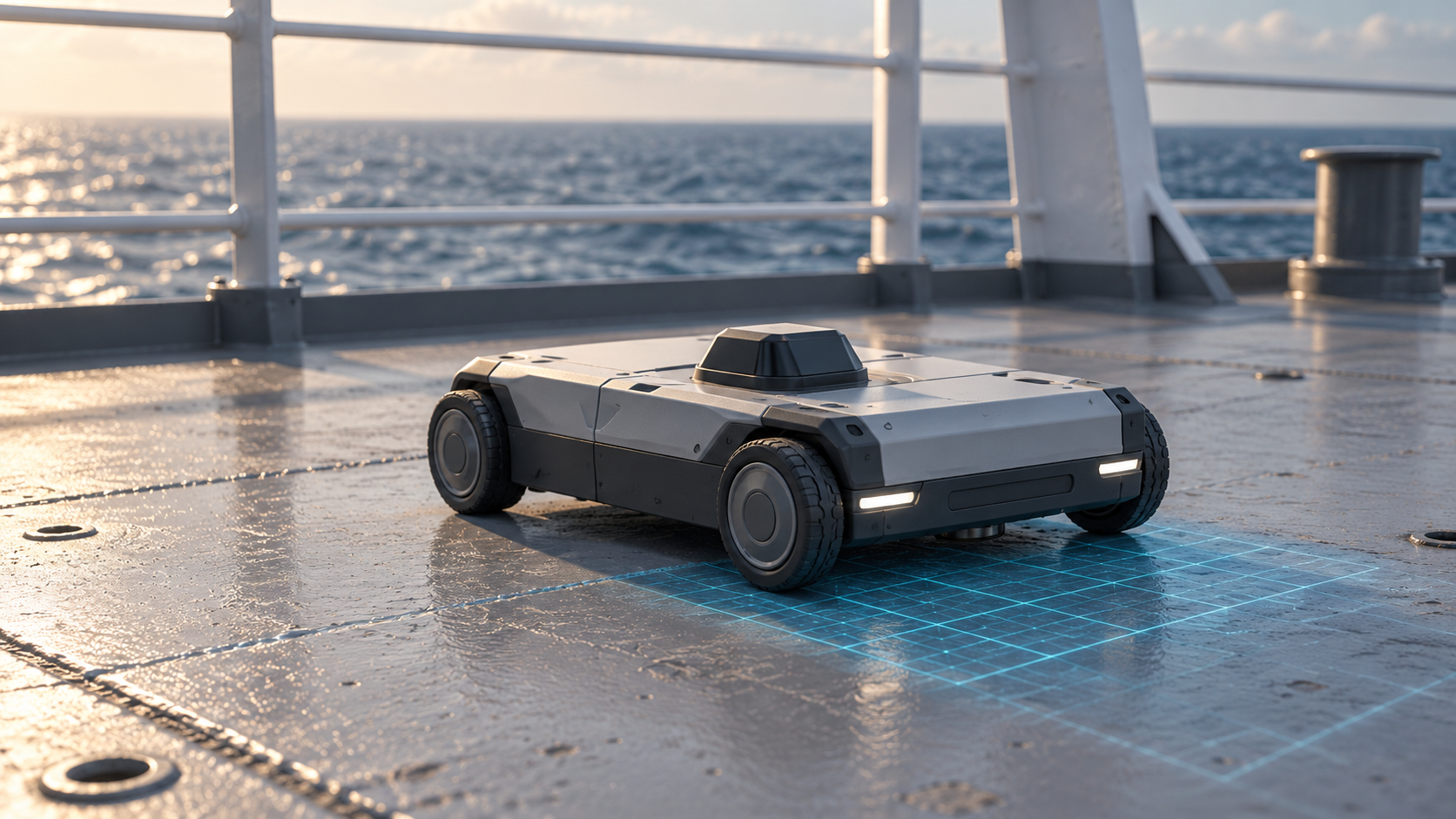 Conceptual inspection scanner on a coated ship deck; not Gecko equipment or a specific Navy vessel