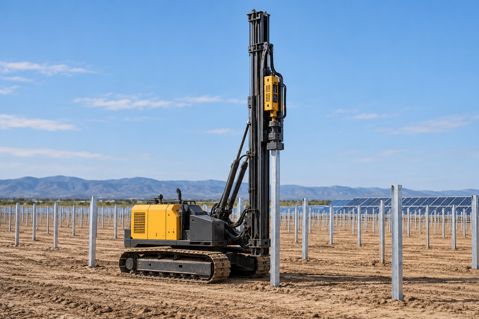 Conceptual pile-driving machine at a solar construction site; not an Xpanner product photograph