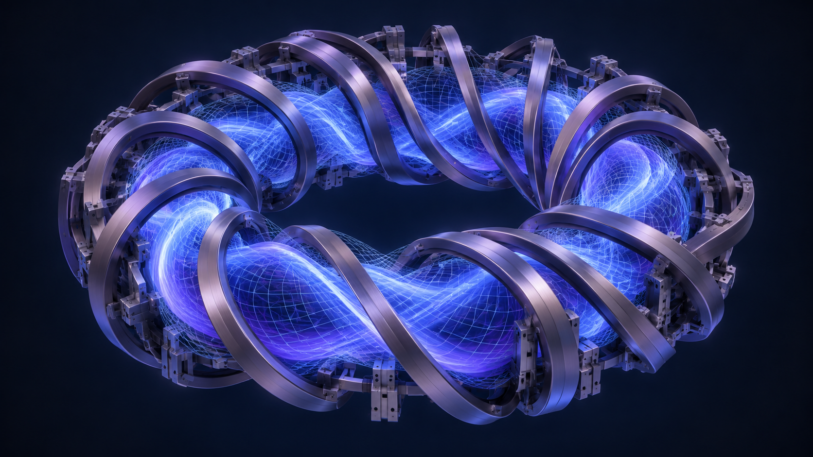 Conceptual illustration of stellarator magnetic coils and computational mesh; not an actual reactor design